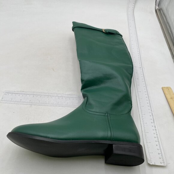 Green Square Toe Long Leather Boots Block Low Heel Women Knee High Riding Boot - Picture 2 of 7